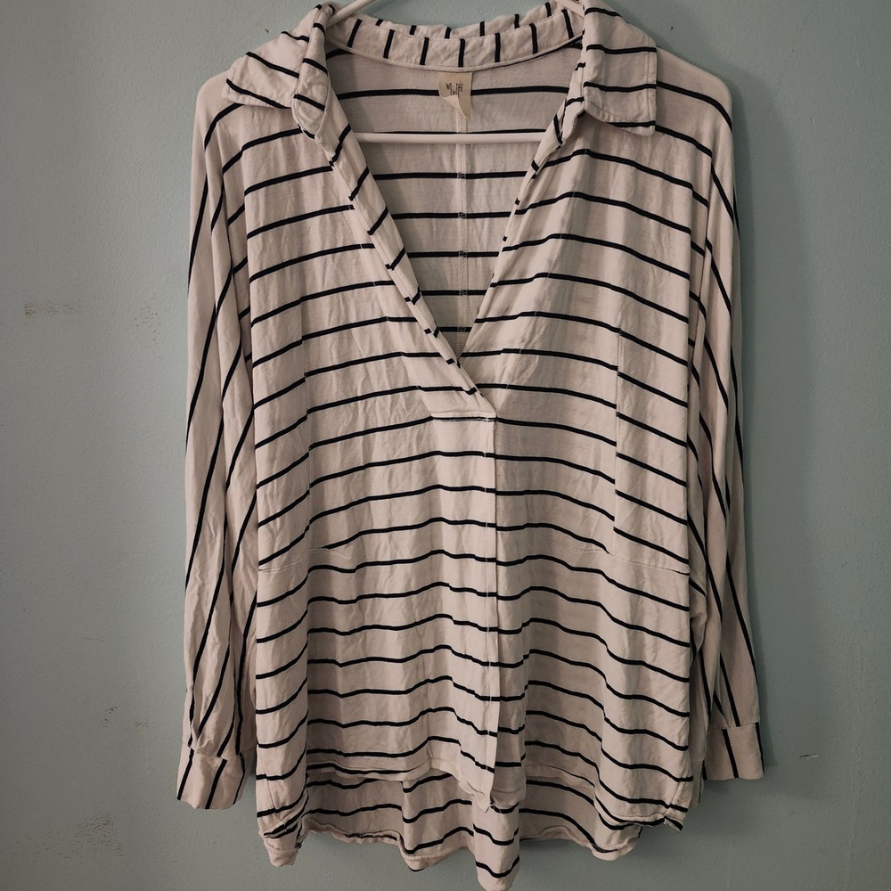 We The Free Free People Can't Fool Me Stripe White Black Boxy Collared Tee Small